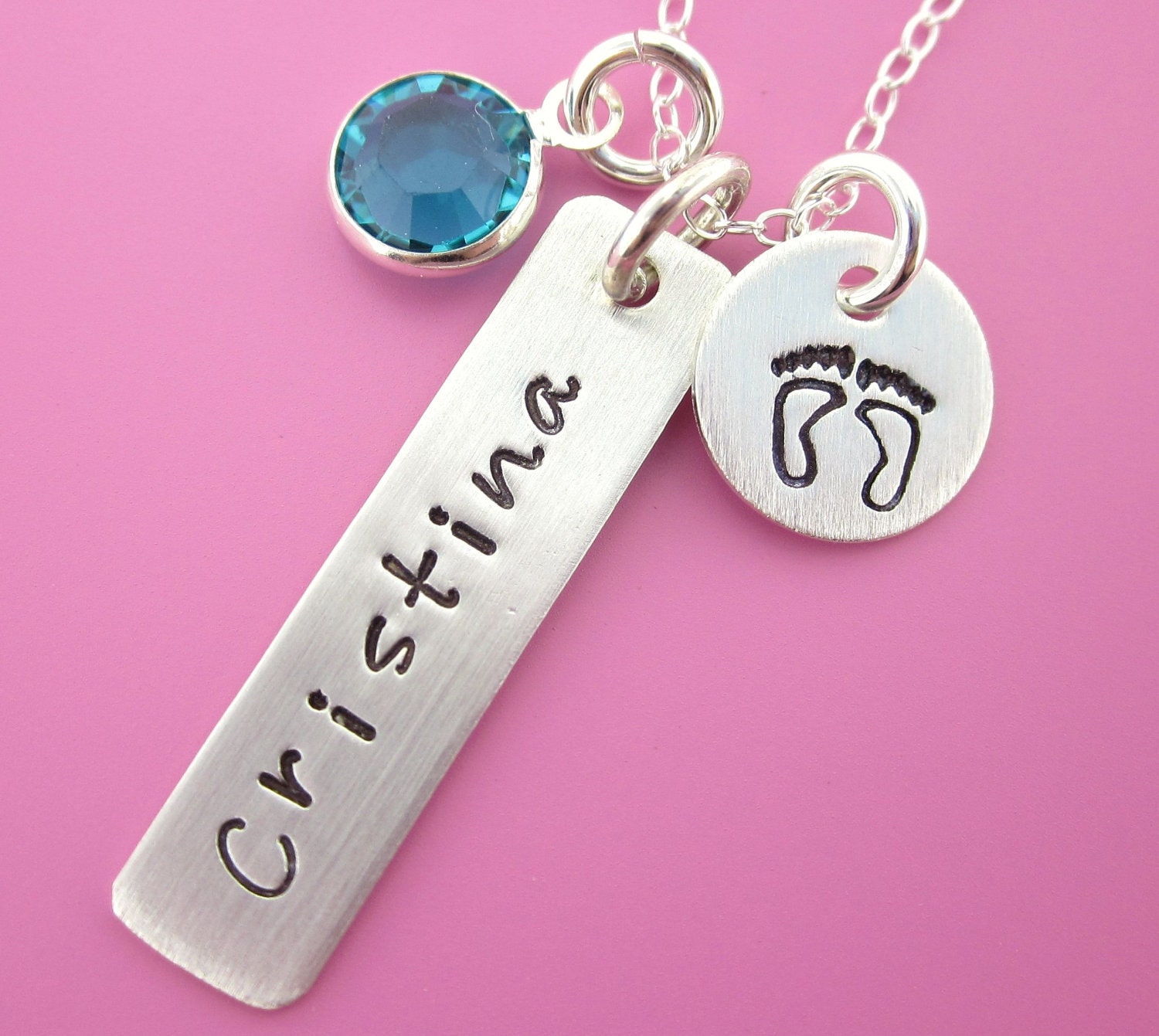 Hand Stamped Necklace - One Name charm with baby feet charm and birthstone