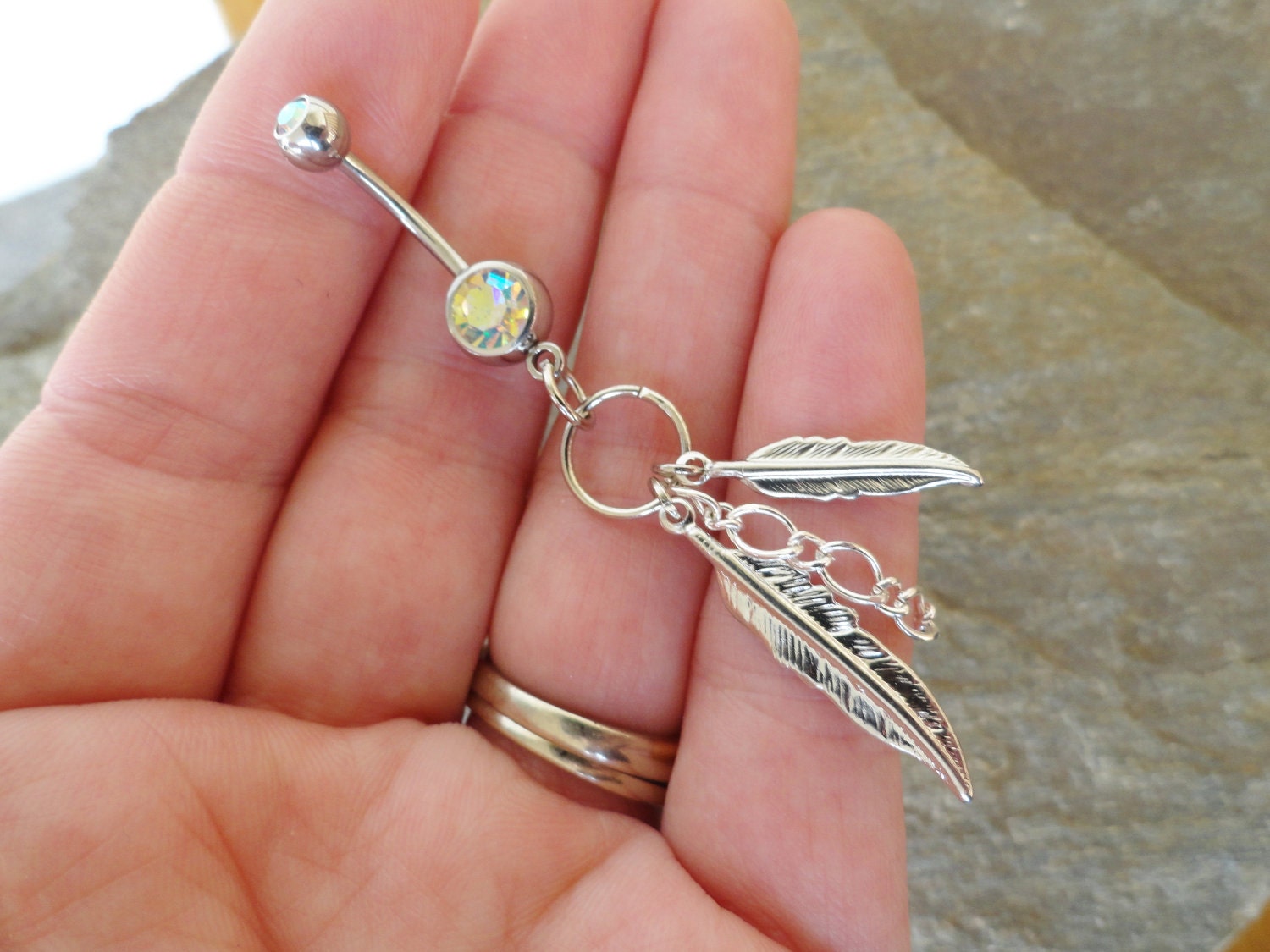 Feather and Chain Belly Button Ring, Silver Feather Barbell Navel Piercing