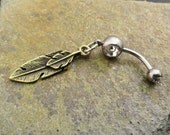 Gold Feather Belly Button Jewelry, Tribal Feather Barbell Navel Piercing