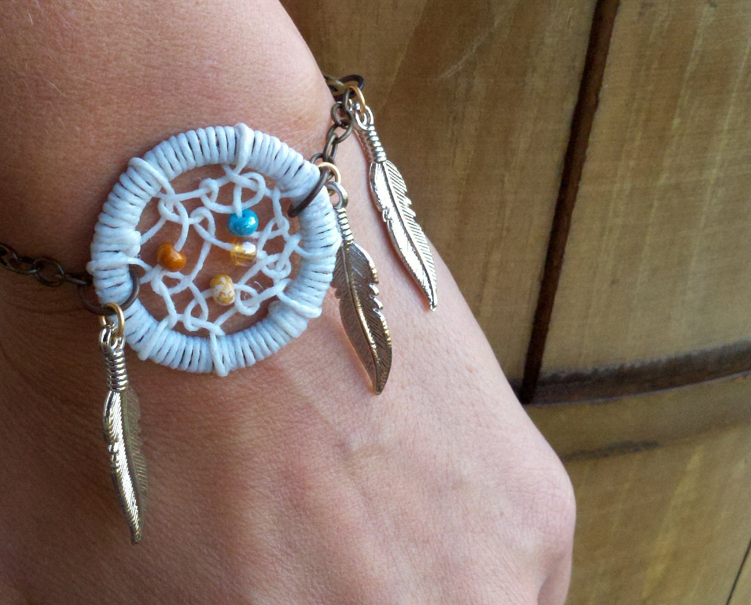 White Dream Catcher Bracelet with Feathers