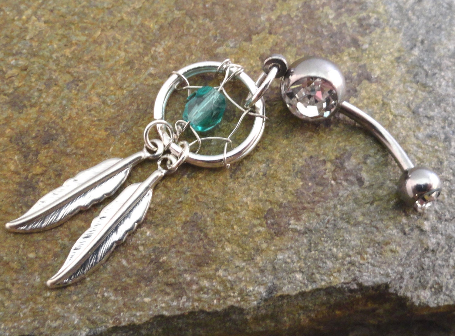 Teal Dream Catcher Belly Button Ring Double Silver Feathers Navel Jewelry Piercing