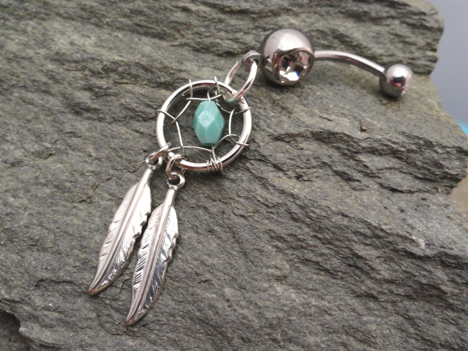 Turquoise Dream Catcher Belly Button Jewelry Silver Feathers Belly Ring