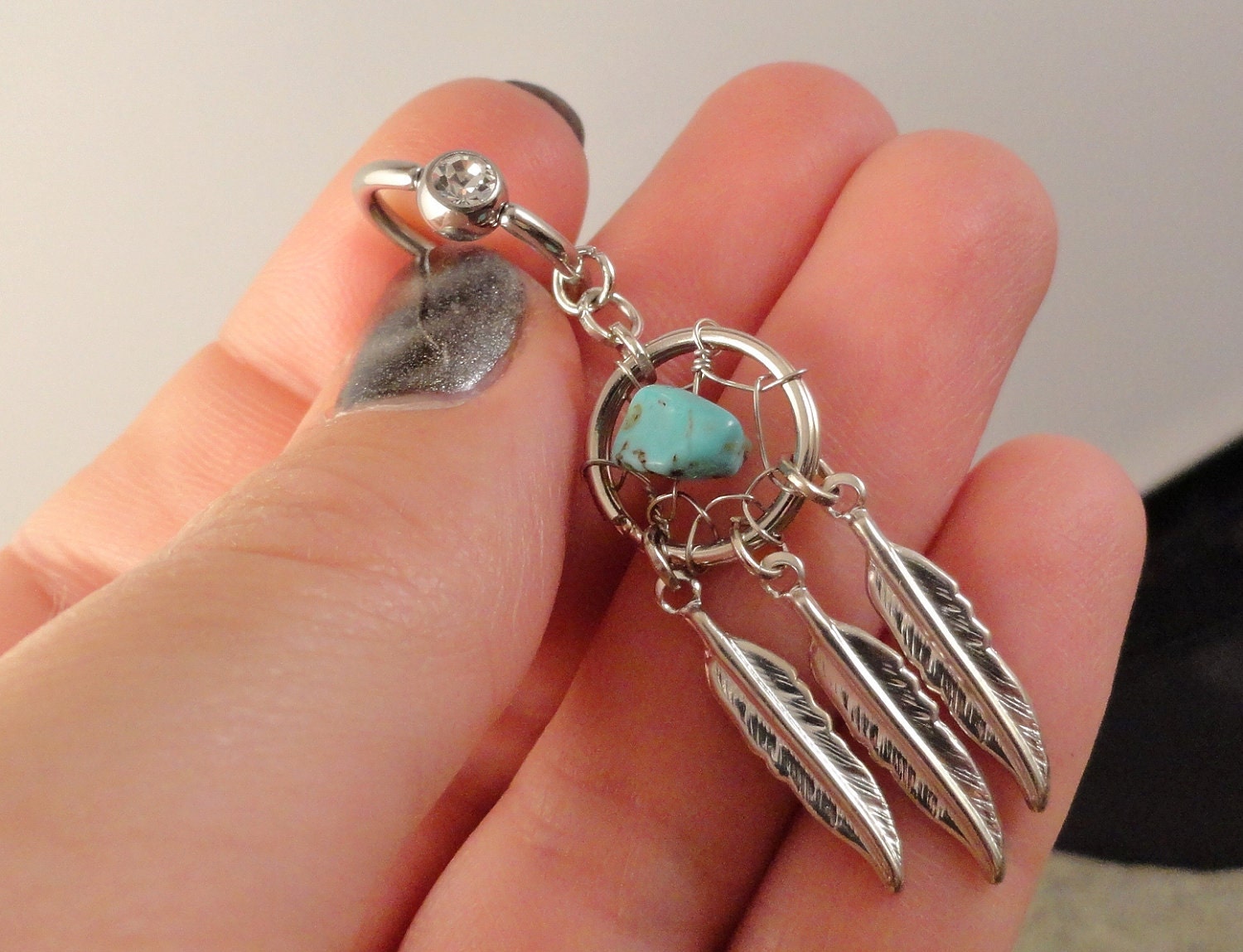 Turquoise Dream Catcher Captive Belly Button Jewelry, Gemstone Belly Button Ring