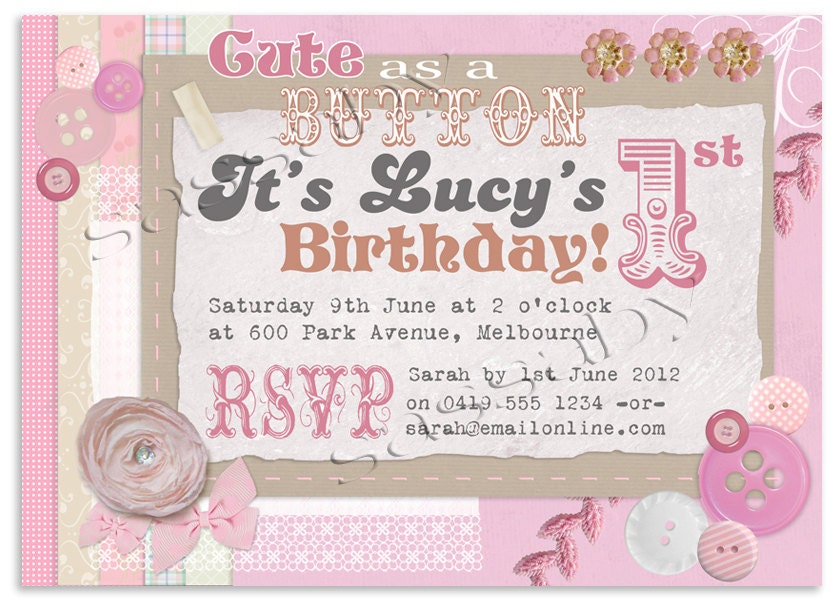 Cute as a Button Girls Birthday Party Invitation - DIY PRINTABLE FILE Il_170x135