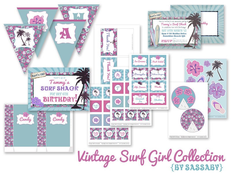 Vintage Surfer Girl Party Collection - Girls Birthday Party - DIY PRINTABLE FILES by Sassaby Il_170x135
