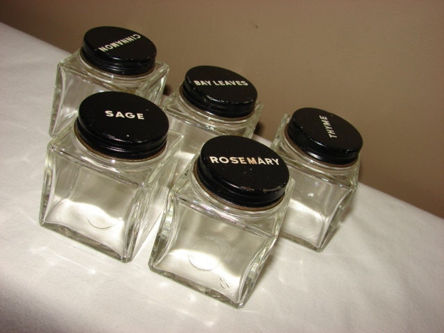 Vintage Spice Jars with Black Metal Screw-on Lids Square Spice Bottles