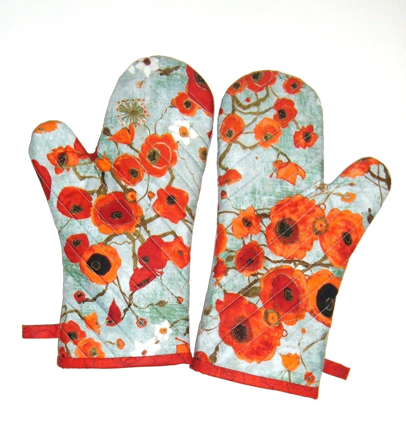Oven Mitts - Poppies on Teal - Gift for Foodie - Gift Under 30