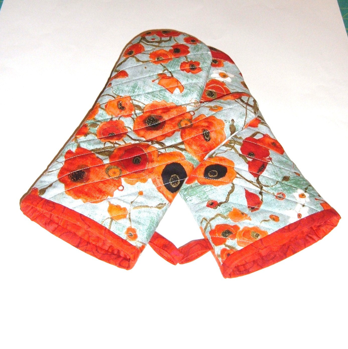 Oven Mitts - Poppies on Teal - Gift for Foodie - Gift Under 30