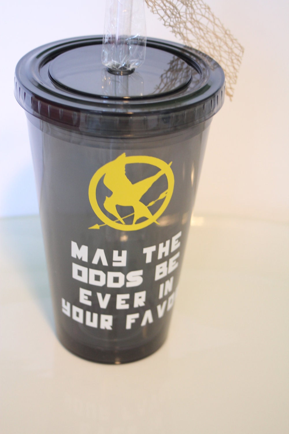HUNGER GAMES insulated tumbler. May the Odds be Ever in your Favor.  Smoke tumbler with white and gold.Personalize.