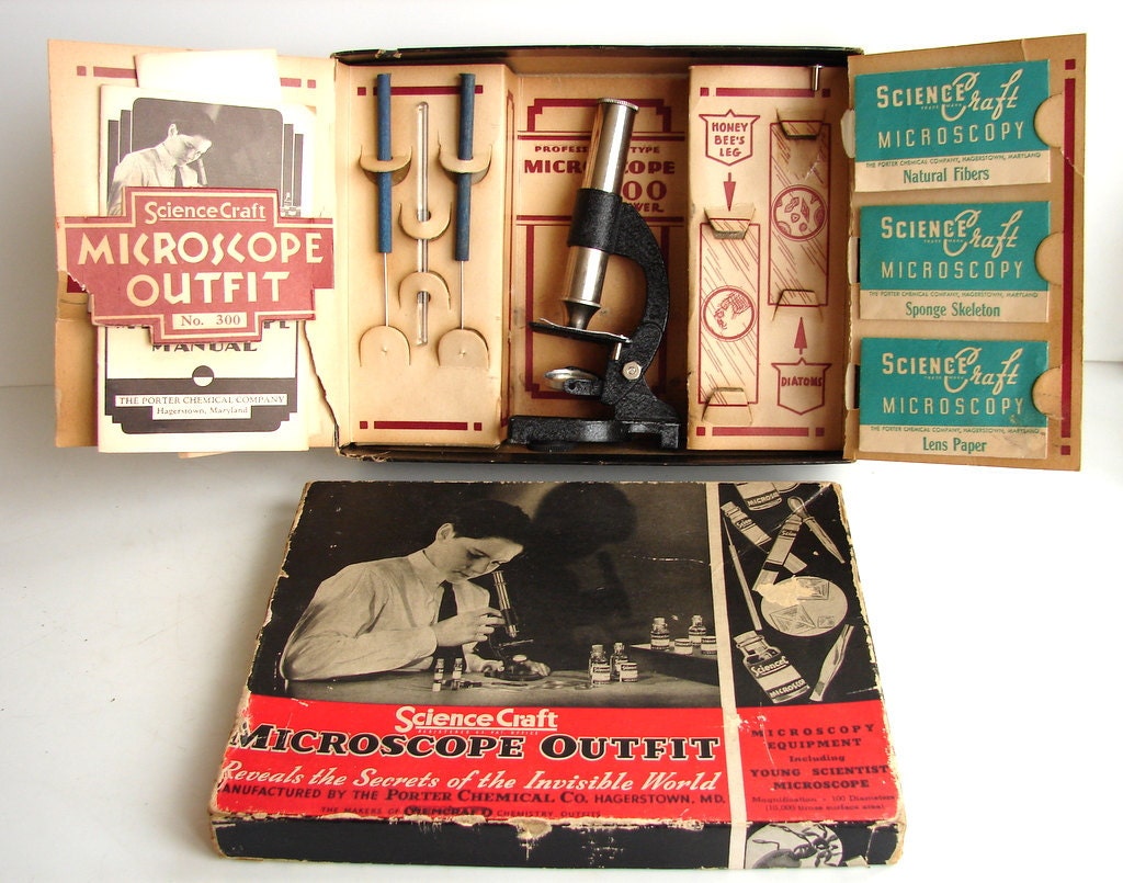 Vintage ScienceCraft Microscope Outfit No. 300 (from 1936) - Collectible, Photo Prop, and more - ThirdShift