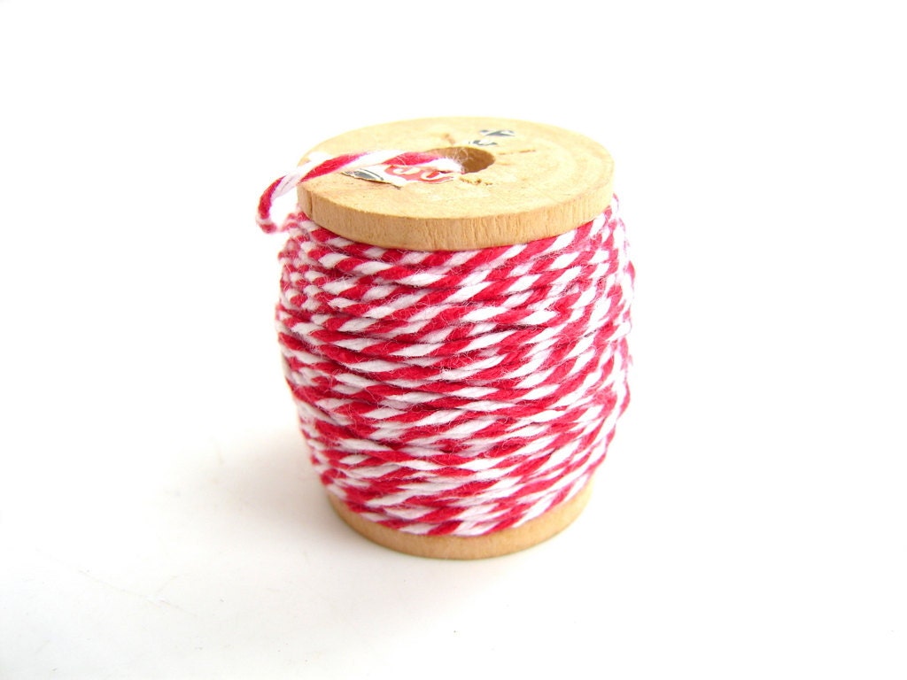 Red and White Bakers Twine, "Red Hot Red" (10 yards) on Vintage Spool - Gift Wrapping, Crafts, and more