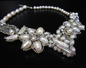 Handmade Bib Pearl Necklace- Statement Bridal Necklace with Flower Swarovski Crystal and Pearls Sharona Nissan