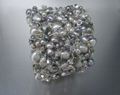Bridal Cuff Bracelet in Grey Pearl & Silver Swarovski Crystal - Sharona Nissan