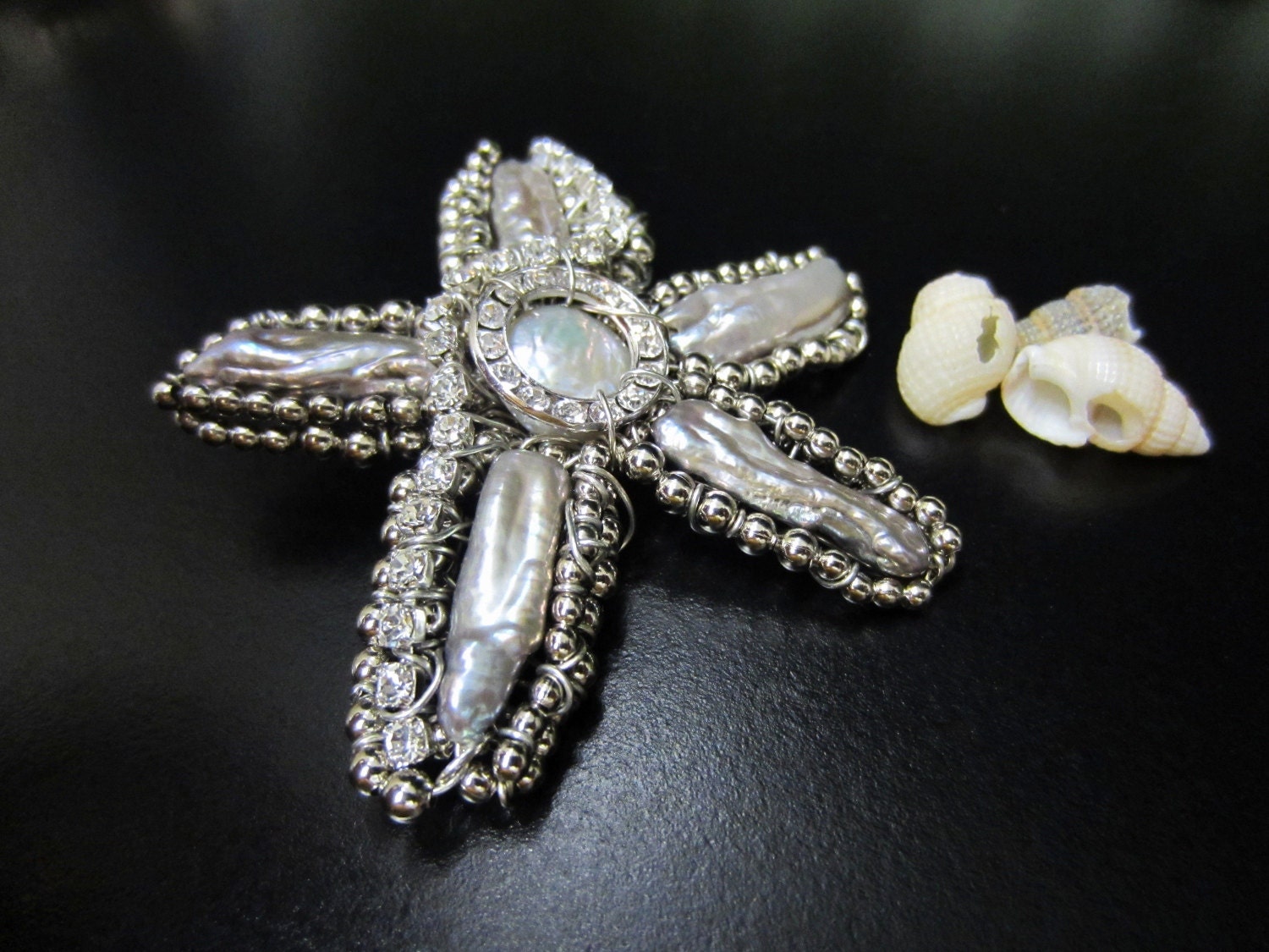 Starfish Barrette- Handmade Whimsical Bridal Hair Clip/ Brooch Pin with Silver Pearls & Rhinestones
