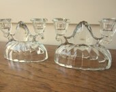 PRETTY PAIR of vintage double glass candlesticks.  Wedding decor.