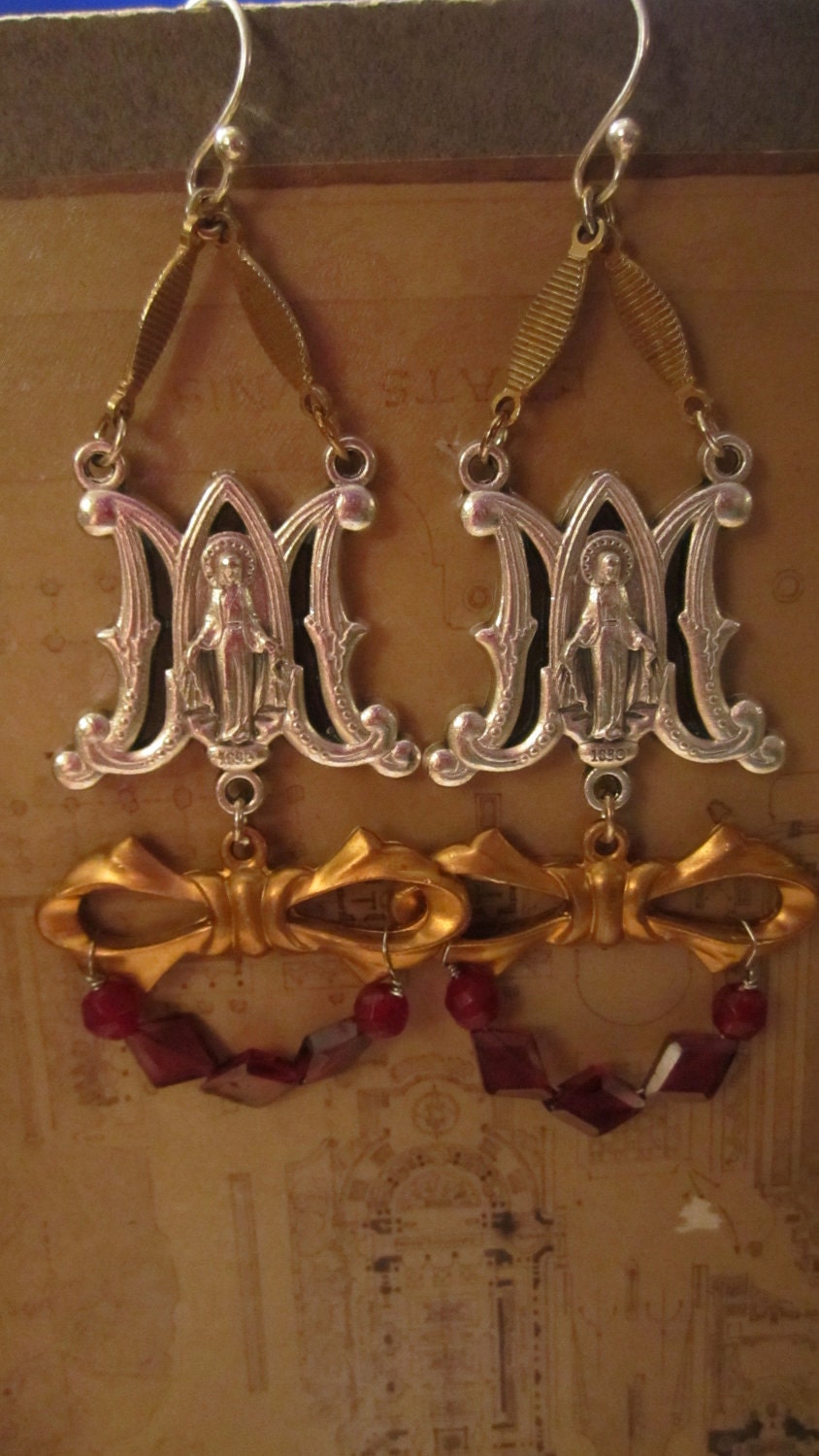 Communion mother mary comes to me earrings assemblage wire wrapped  OOAK vintage french look queen marie let it be