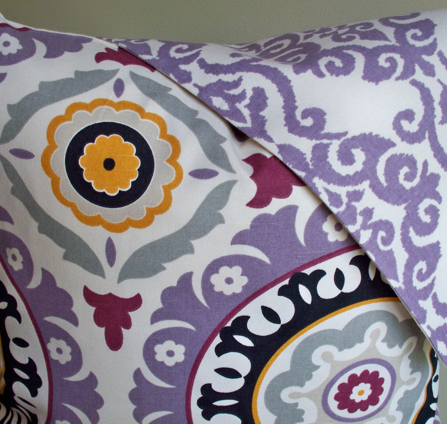 Lavender Cream Suzani Decorative Pillow Cover Black Gray Plum 18X18