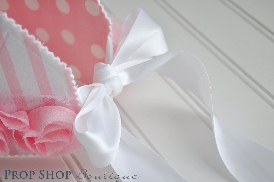 Girls Pink and White Rosette Fabric Crown, Party Hat, Photo Prop