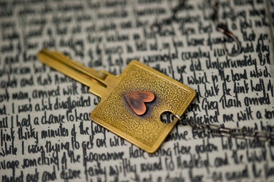 Brass Key With Copper Heart On Sterling Silver Chain