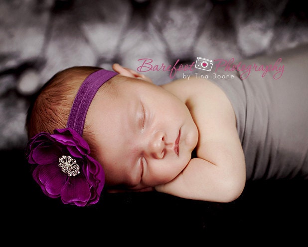 Baby Headband..Baby flower Headband..Purple Baby Girl Flower Headband with Rhinestones..Infant through Toddler Purple Flower Headband