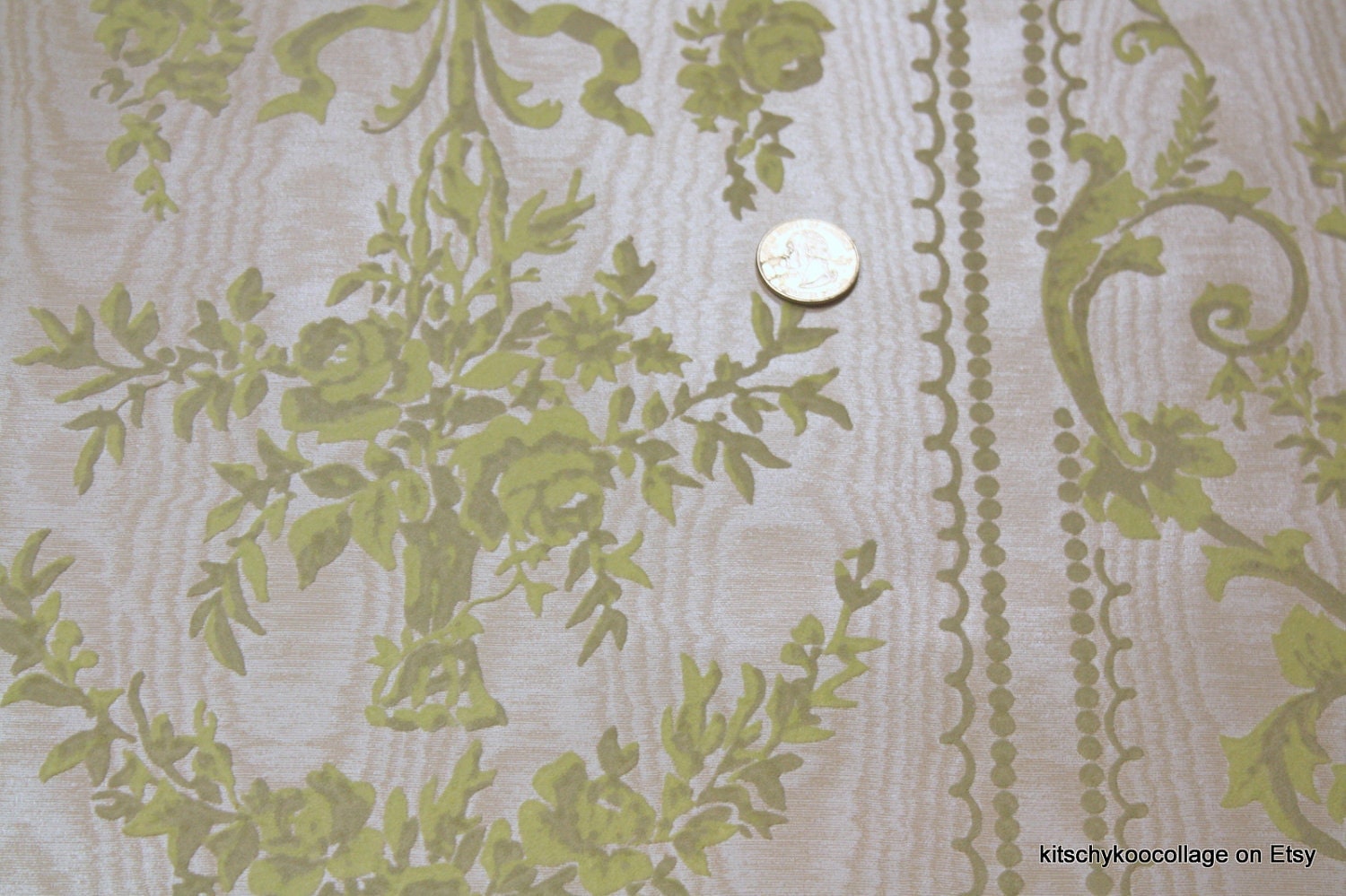 1970's Flocked Vintage Wallpaper Victorian pale green on ivory 1970's Flocked Vintage Wallpaper Victorian pale green on ivory