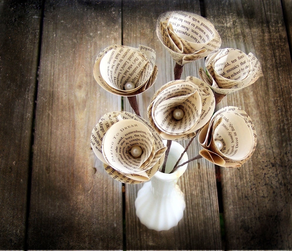 6 Vintage Book Page Stem Flowers -Paper Flower -Eco Wedding -Brown and White Wedding -DIY Wedding Accessory