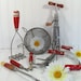 Reserved for Sheila Heath - Red Wooden Handled Utensils Collection - Vintage 10 Piece Set - Shabby Chic Stainless Steel