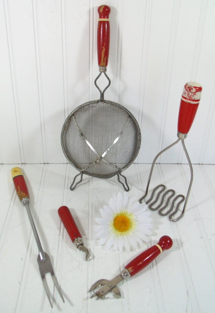 Reserved for Sheila Heath - Red Wooden Handled Utensils Collection - Vintage 10 Piece Set - Shabby Chic Stainless Steel