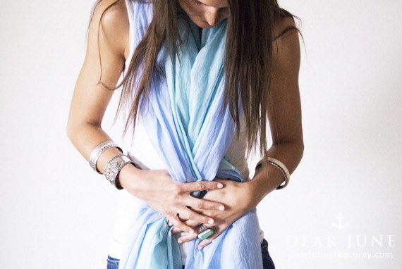 AQUA & SKY SET - 2 cotton scarves. Hand dyed. Oversized, lightweight wrap, shawl. Fashion, women accessories. Valentine's gift.