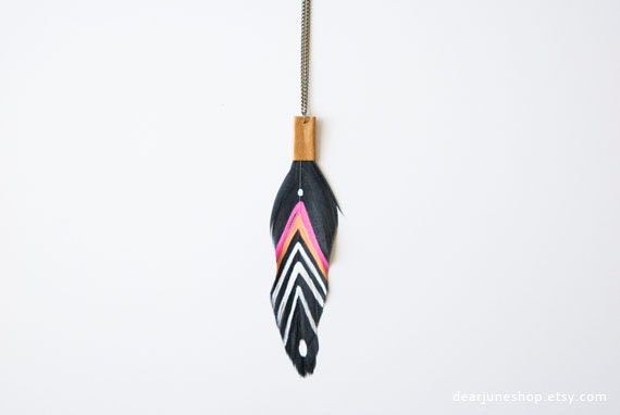 RESERVED for Sara - Tribal FEATHER & LEATHER necklace - black orange fuchsia