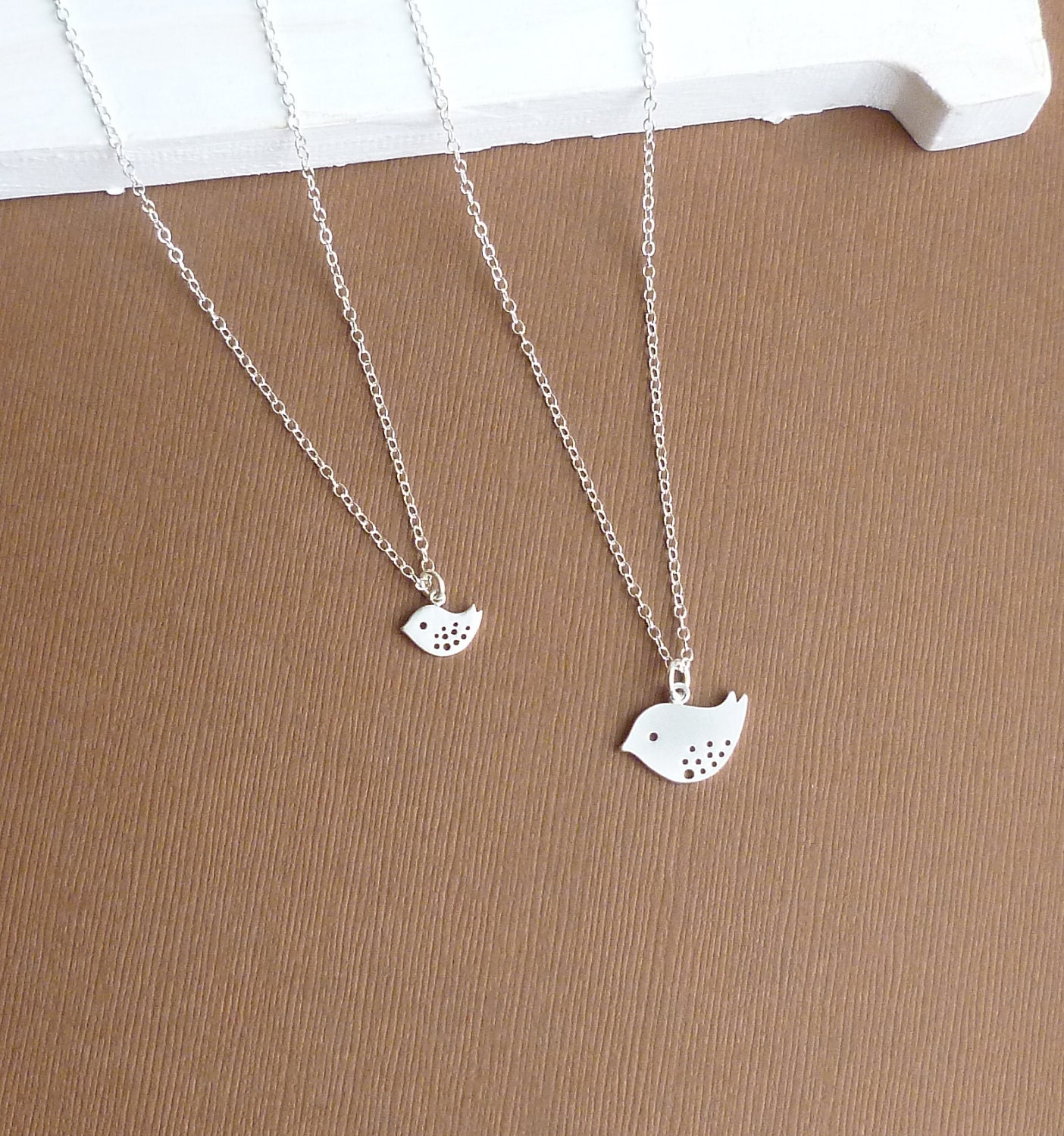 Two Silver Speckled Birds with Sterling Silver Chain -- Mother Daughter Necklace Set or Double Necklace