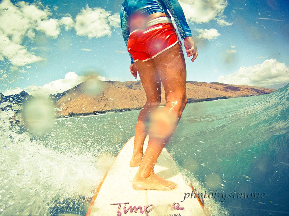 Surfer girl riding wave tangerine shorts Hawaii vintage inspired beach surfboard