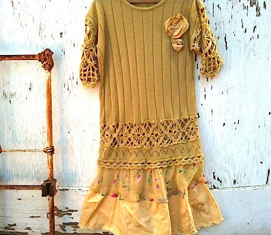 Autumn honey yellow flowers knit Mustard rustic west crochet Upcycled tunic ruffle knit dress - kateblossom