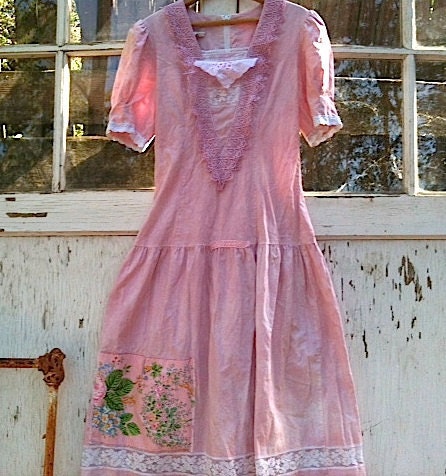 summer of the 80s Retro Gunne Sax romantic hand dyed Upcycled cotton Lace Forest Eco 70s Bridesmaid party dress