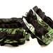 Metallic Emerald Green Black Leather Ruffle Ribbon and Bell with Onyx Crystals Collar Choker Necklace and Cuff Bracelets Goth Cosplay