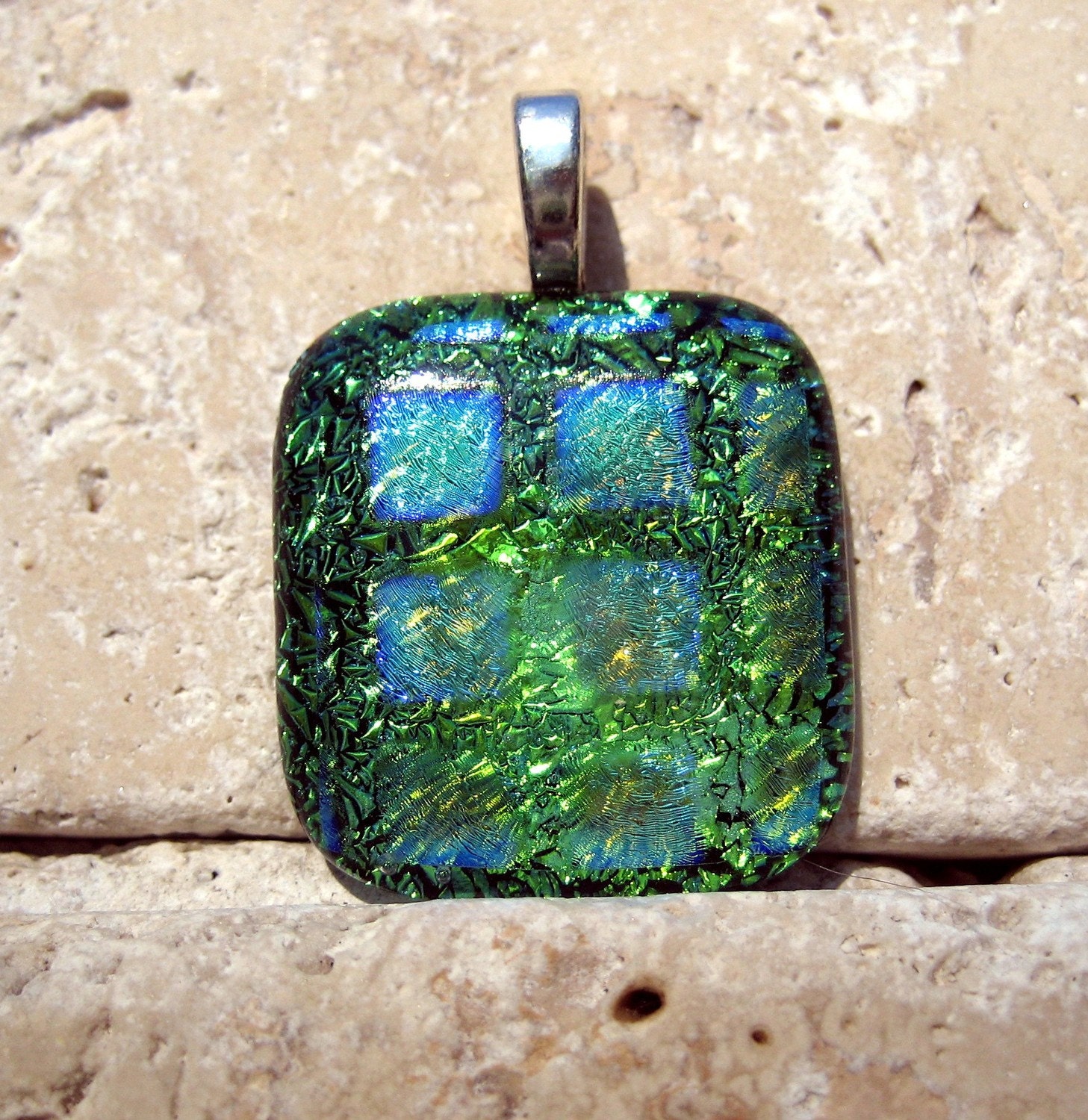Colorful in green dichroic fused glass pendant