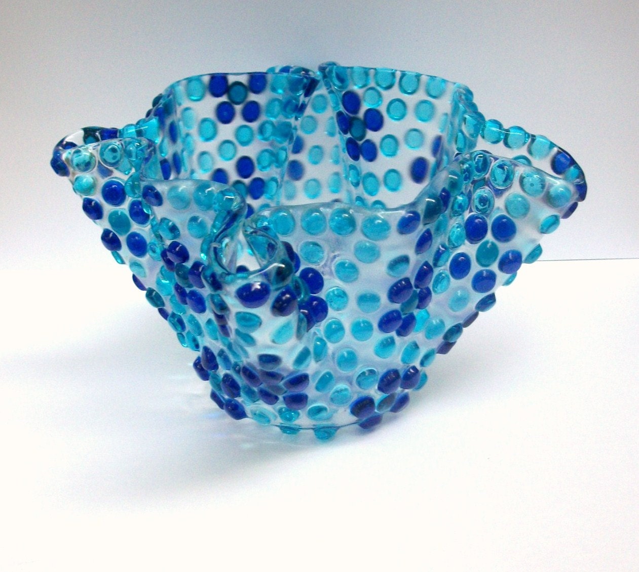 Fused Glass Candle Holder / Vase  Blue Dot Flowers