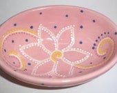 Ceramic Oval Trinket Dish / Bowl - Pink - Flower, Dots and Swirls