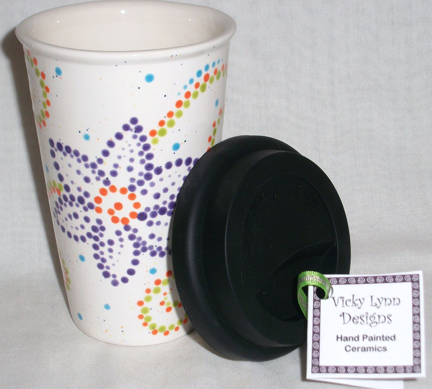 Eco Friendly Ceramic Travel Mug w/lid - Bright Dots Purple Flower and Swirls