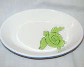 Hand Painted Ceramic Oval Dish/ Bowl - Ocean Sea Turtle Green and Blue