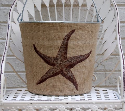 Starfish Burlap Covered Galvanized Bucket...Magazine Holder, Summer Wedding, Coastal/Beach Wedding decoration