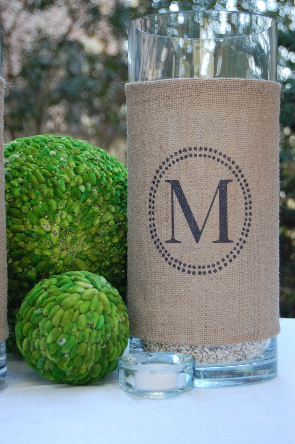 Monogram Personalized Custom Burlap Hurricane Vase elegant rustic wedding OR home...great for barn, farmhouse woodland weddings