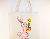 Adorable Vintage Bunny with Lilly illustration transferred onto 15x15 Canvas Tote -- other bag sizes available
