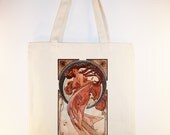 Alphonse Mucha's "Dance" Illustraton transferred onto 15x15 Canvas Tote -- other bag sizes available
