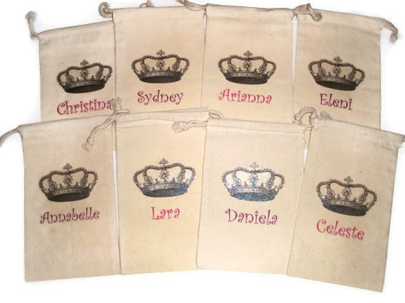 Princess Crown Sparkle Personalized 6x9 inch Muslin Drawstring Goody Bags - Set of 8