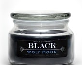 BLACK candle, Wolf Moon musk scented soy candle in 10 oz. apothecary jar: