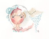 Whimsical Girl Painting, Original Illustration, Mind of Rain
