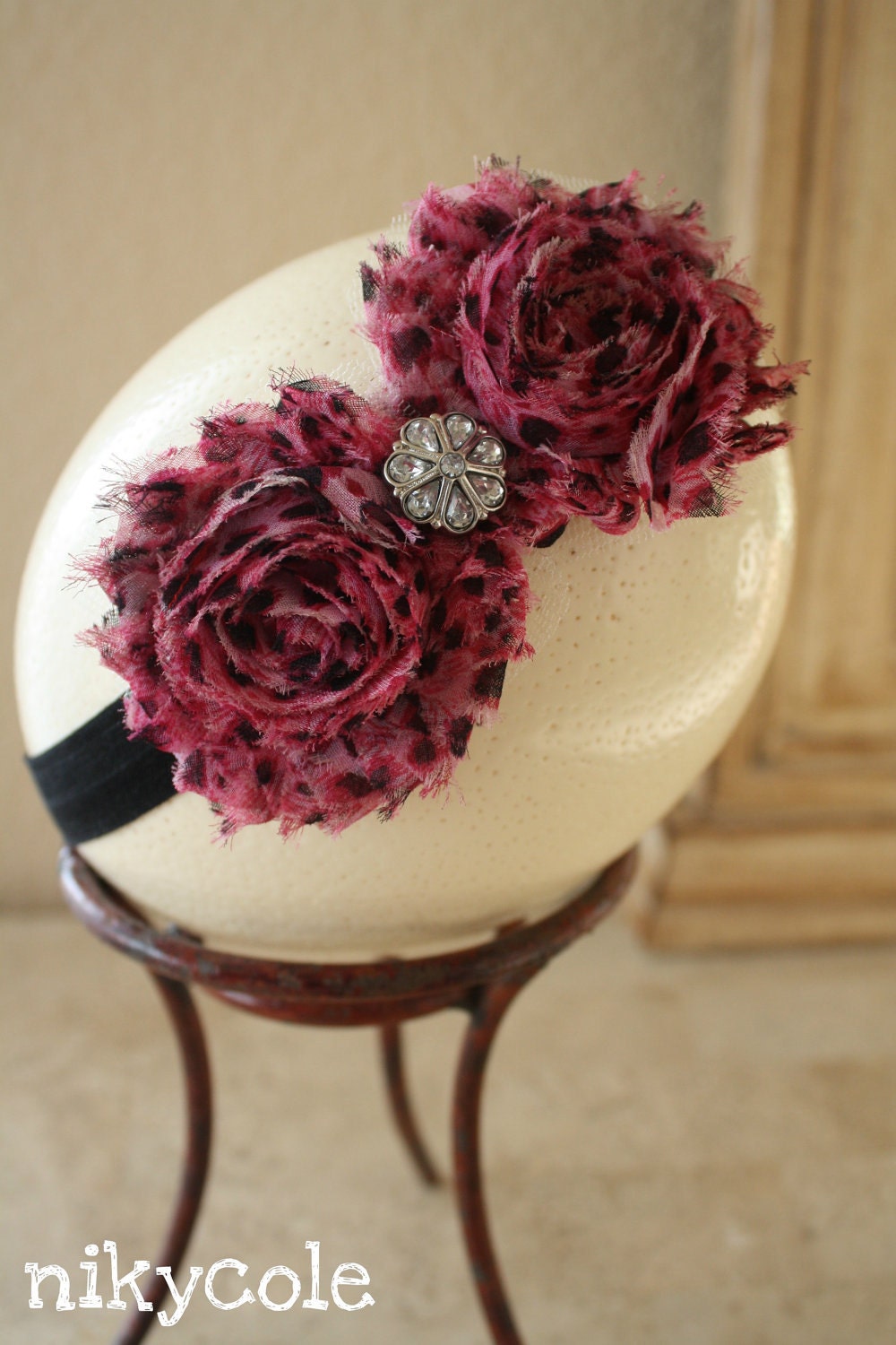 Shabby Flowers Pink Leopard Headband