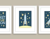 Rocket to the Moon Childrens Art Print, Nursery Wall Art, Playroom wall art -Set of three 8x10