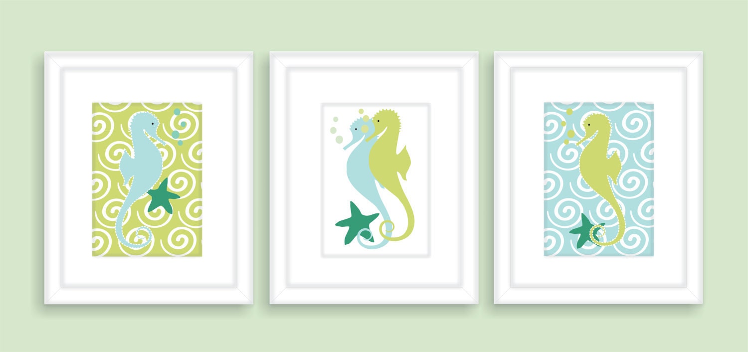 Seahorse Bathroom wall decor, Kids Bathroom Art Print- Set of three 8x10 Nursery Wall Art
